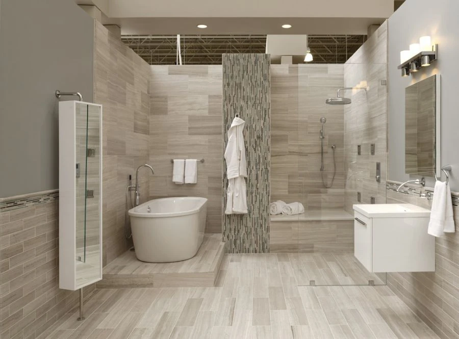 Wooden white marble bathroom